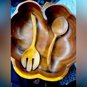 Sorensen Hawaii Monkeypod Handcrafted Bowl And Utensils Vintage